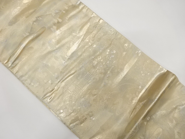 未使用品　引箔屋敷風景模様織出し袋帯（未仕立て）